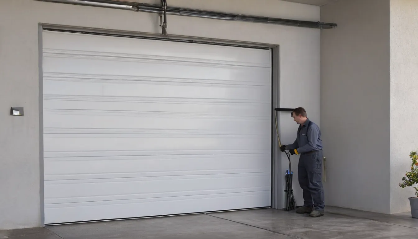 Local garage door provider inspecting a torsion spring above a residential garage door in Cleveland