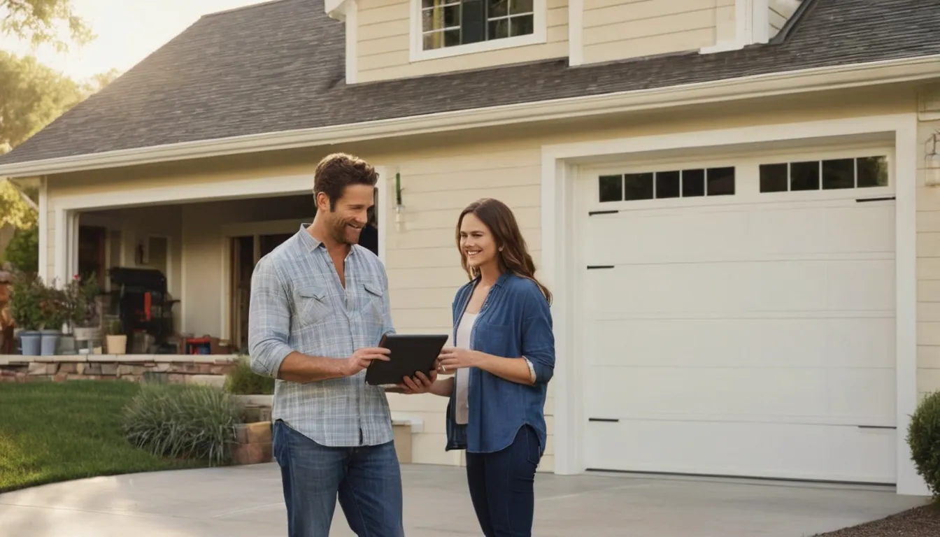 Homeowner reviewing garage door options with a provider in the Cleveland area